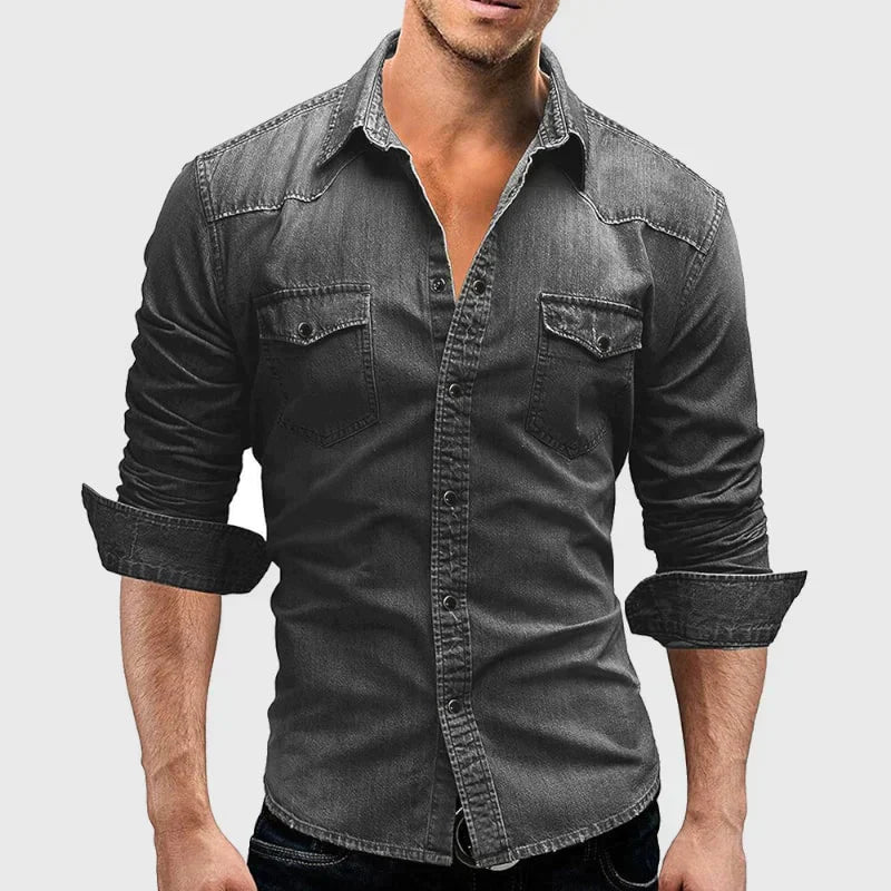 Herren Denim Hemd Retro Stil mit Knopf-Taschen 3