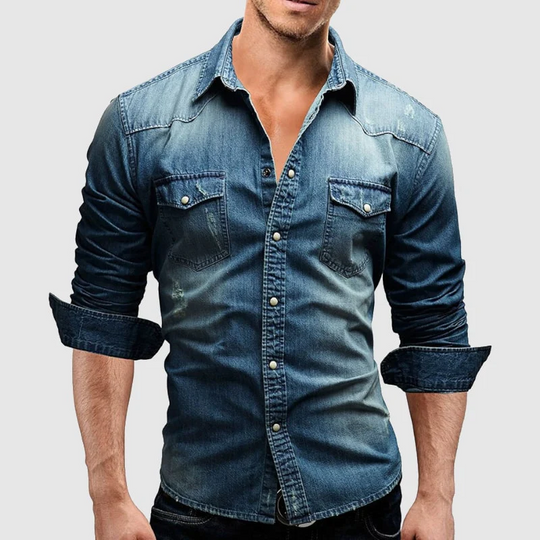 Herren Denim Hemd Retro Stil mit Knopf-Taschen 4