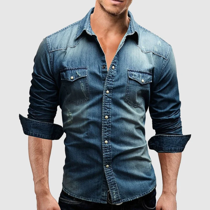 Herren Denim Hemd Retro Stil mit Knopf-Taschen 4