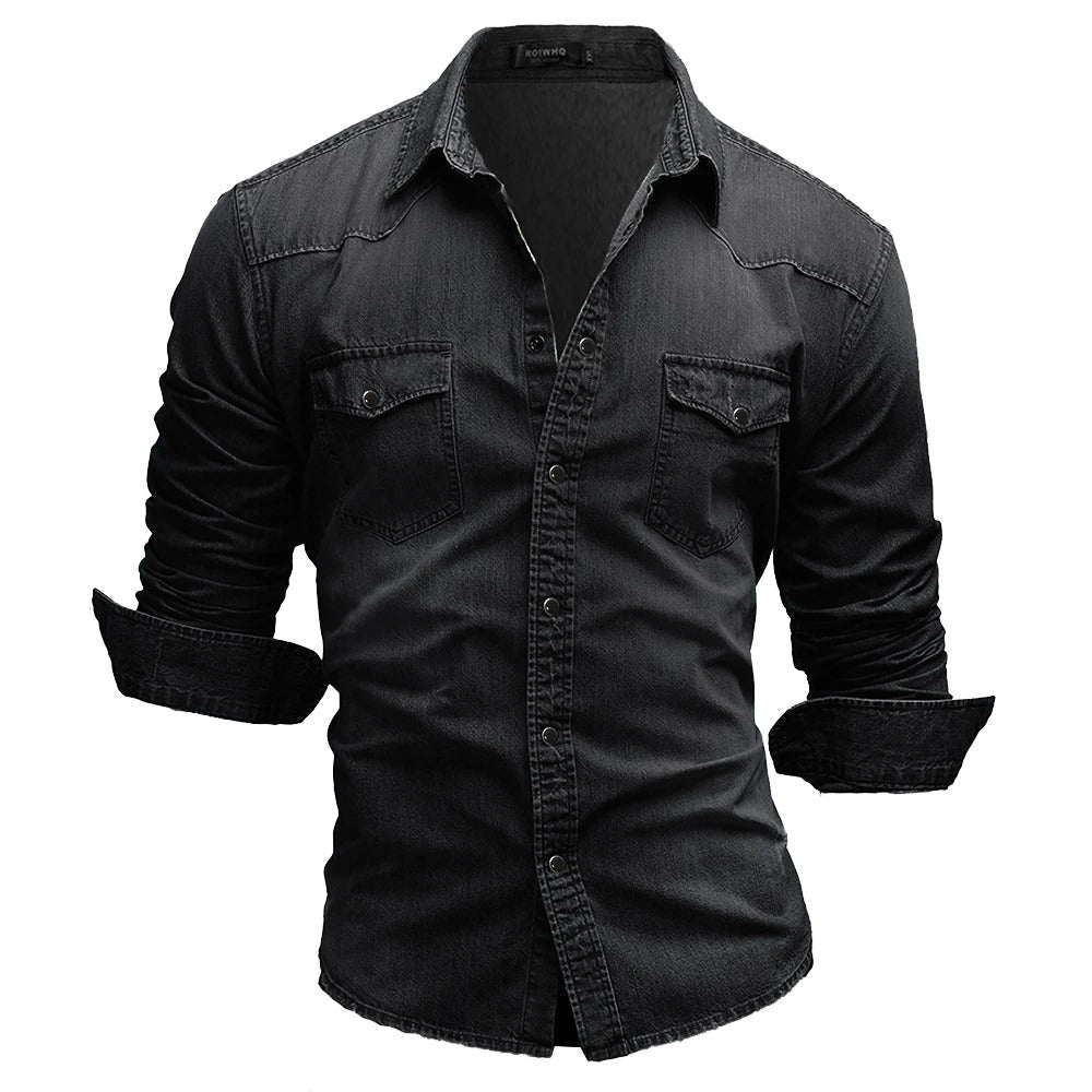 Herren Denim Hemd Retro Stil mit Knopf-Taschen 6