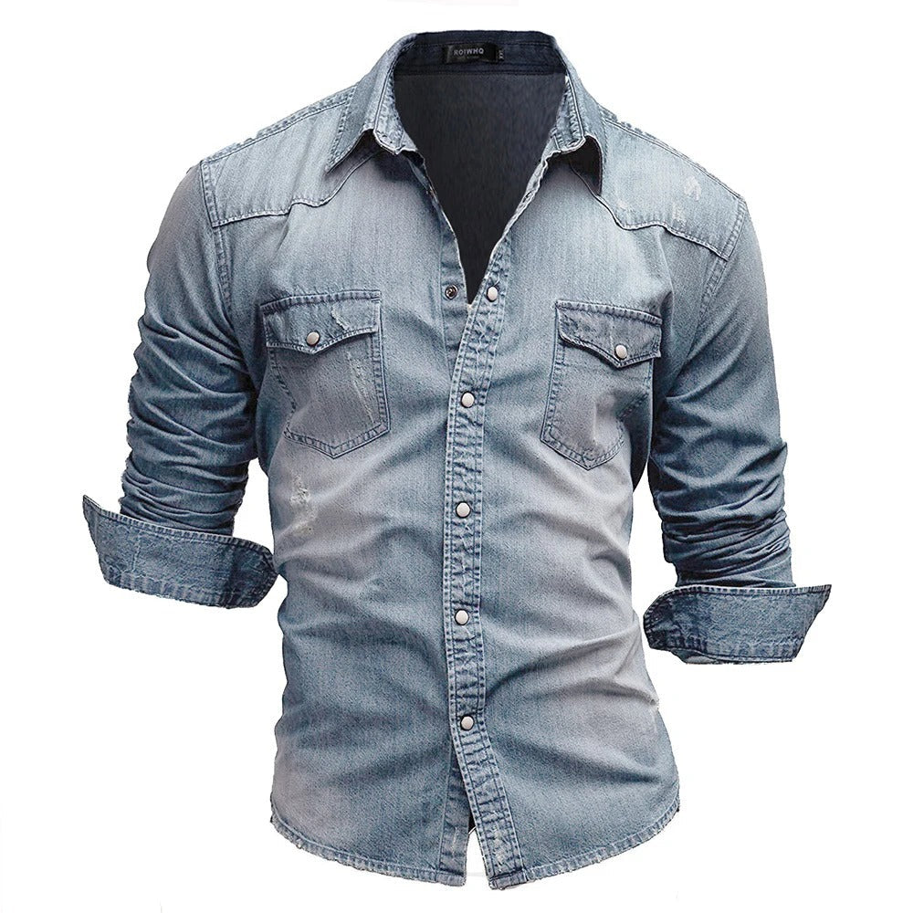 Herren Denim Hemd Retro Stil mit Knopf-Taschen 7