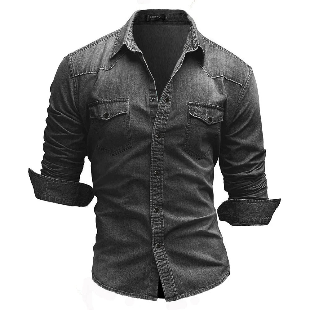 Herren Denim Hemd Retro Stil mit Knopf-Taschen 8
