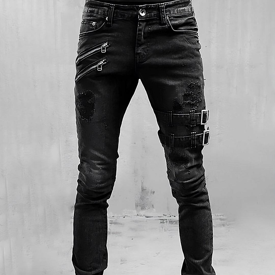 Herren Denim Jeans mit Schnallen und Reißverschlüssen 1