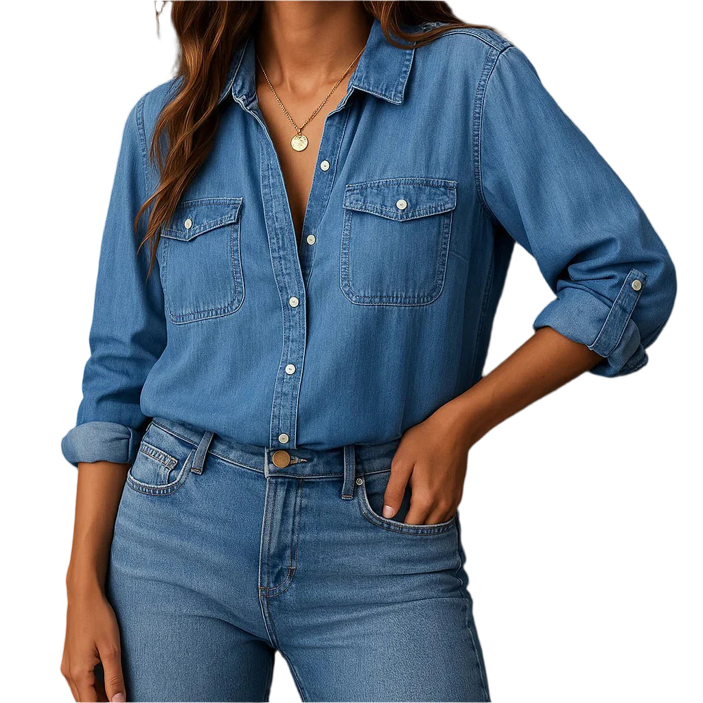 Herren Hemd Denim Klassischer Schnitt Entspannt Langarm 0