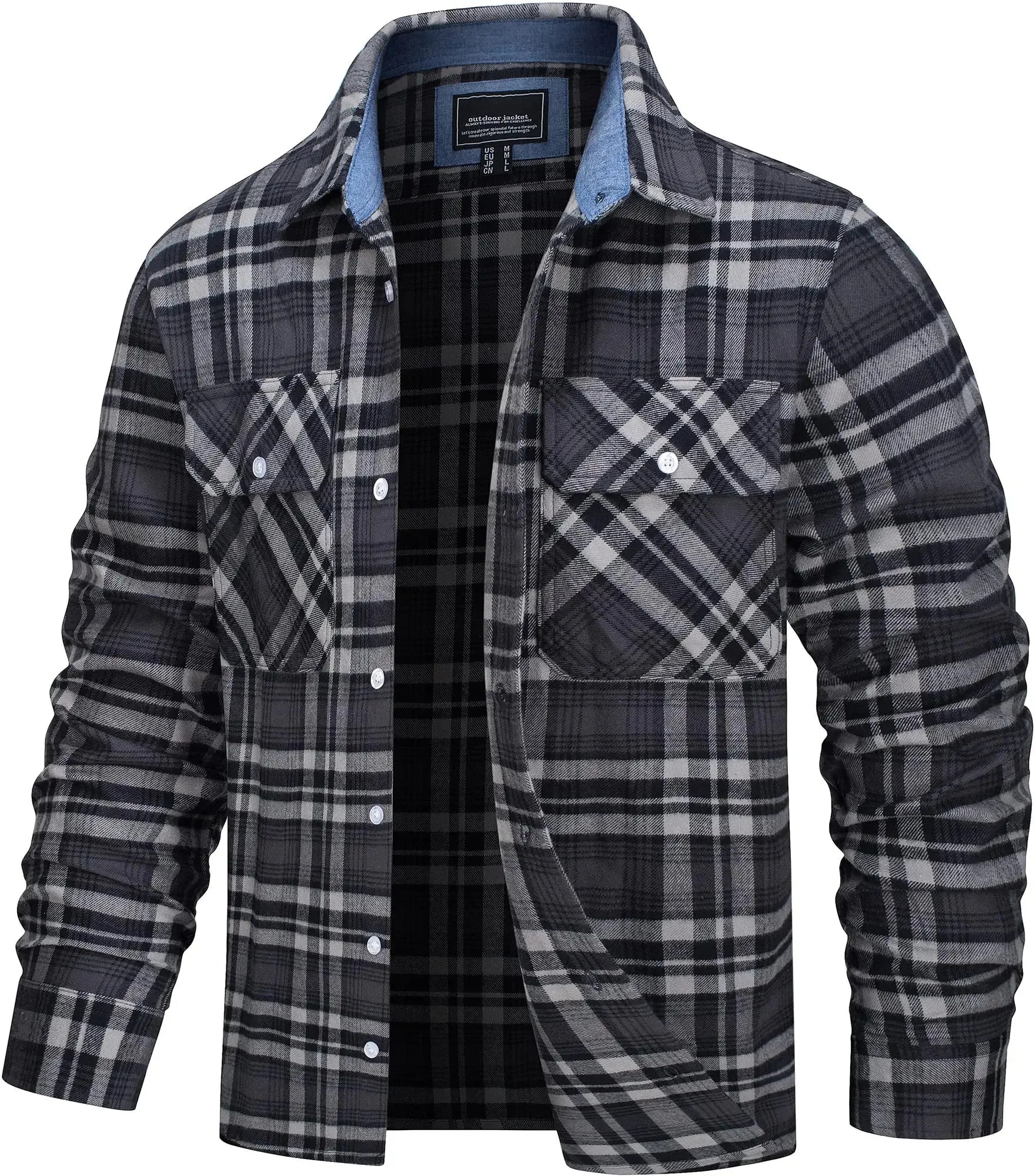 Herren Hemdjacke Kariert Oversize Baumwolle Langarm mit Brusttaschen 10