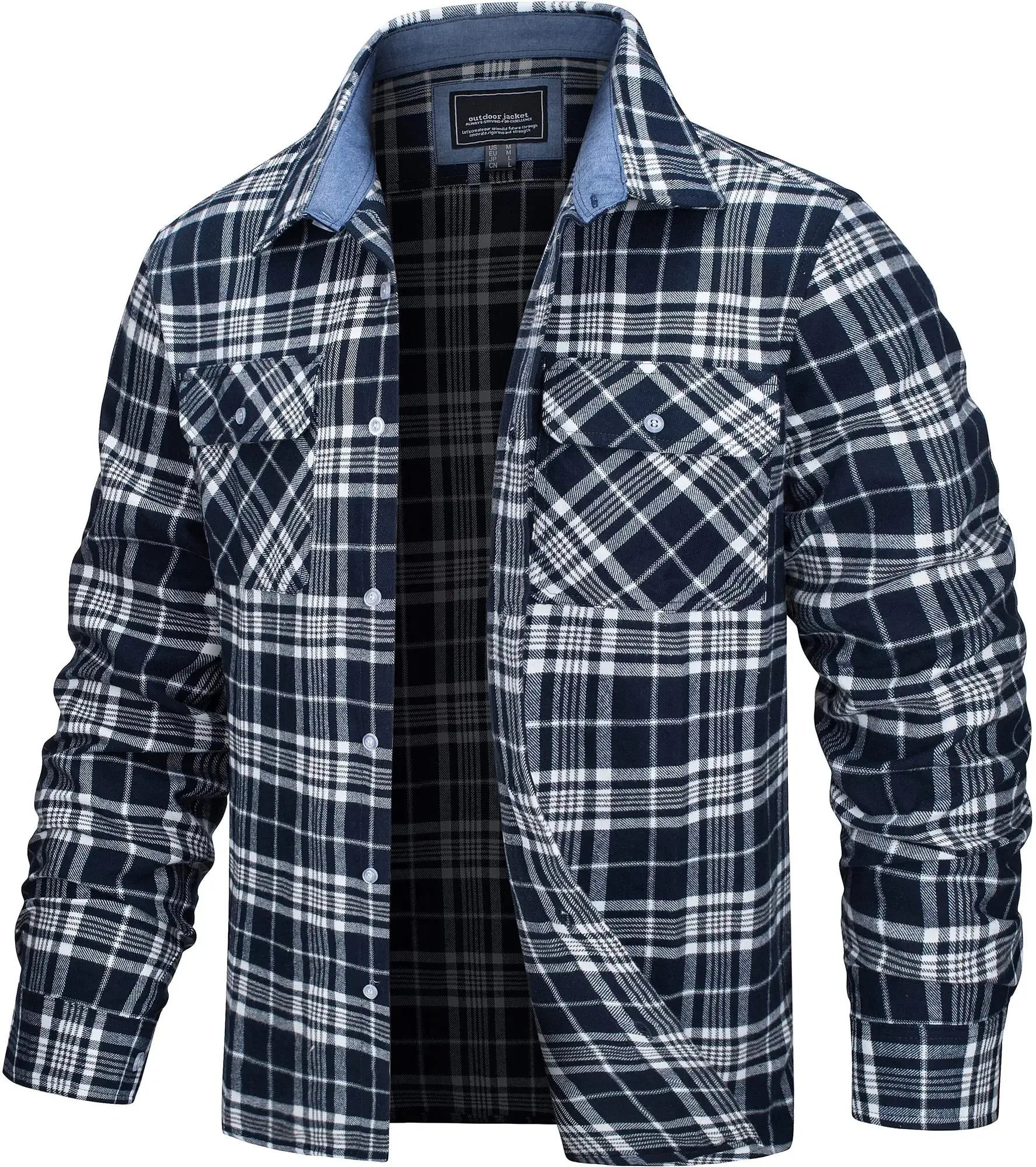 Herren Hemdjacke Kariert Oversize Baumwolle Langarm mit Brusttaschen 12