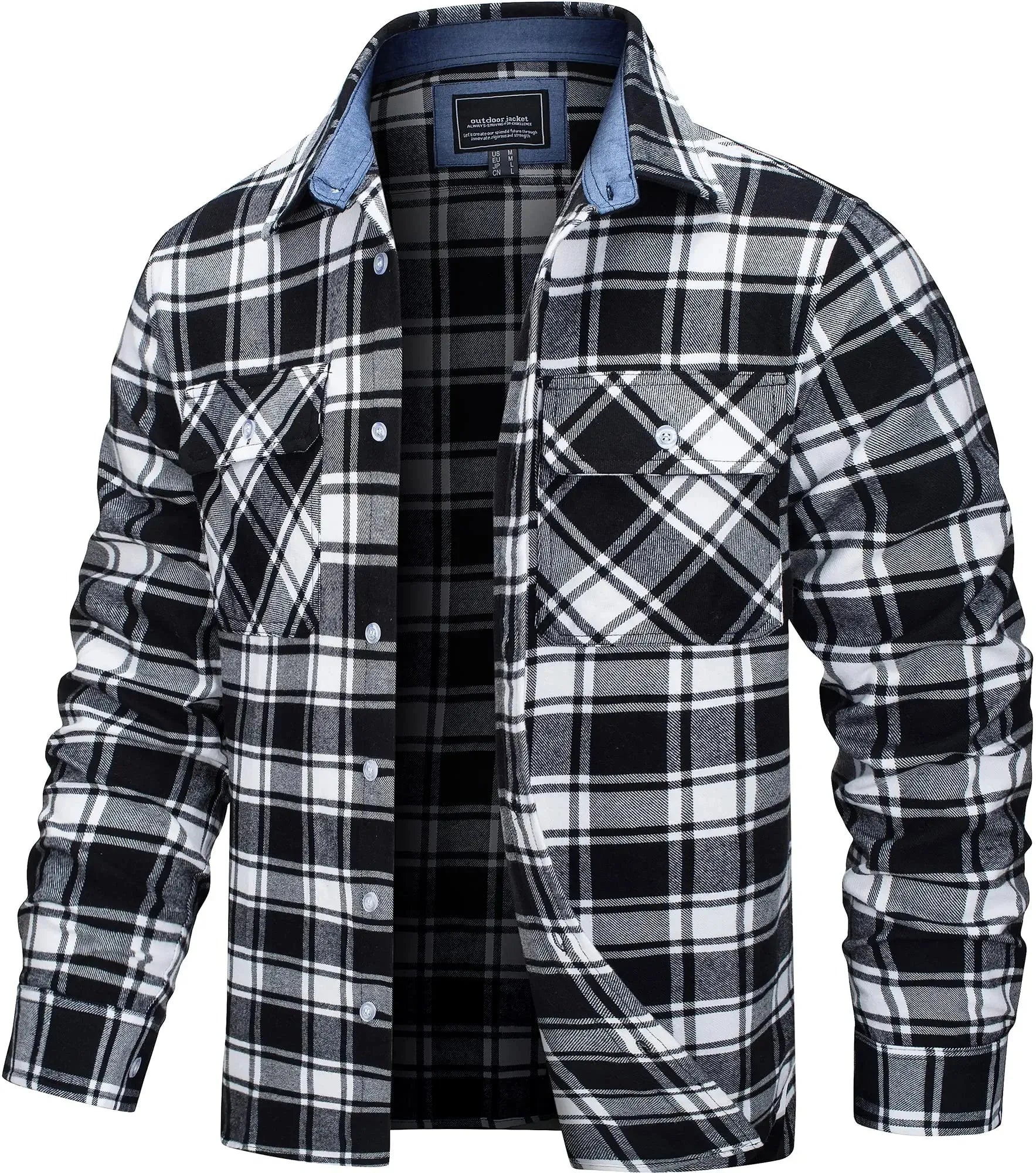 Herren Hemdjacke Kariert Oversize Baumwolle Langarm mit Brusttaschen 13