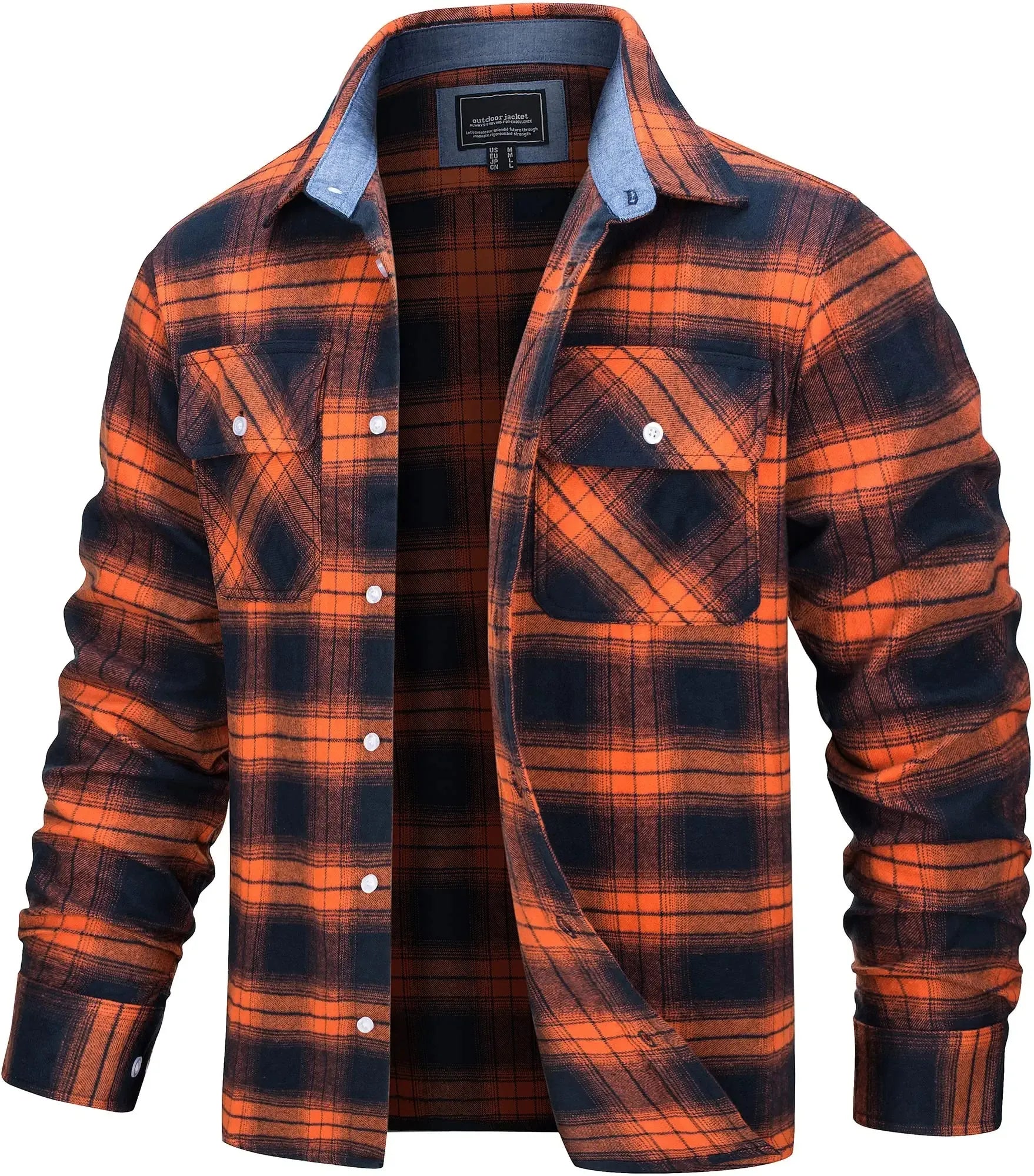 Herren Hemdjacke Kariert Oversize Baumwolle Langarm mit Brusttaschen 14