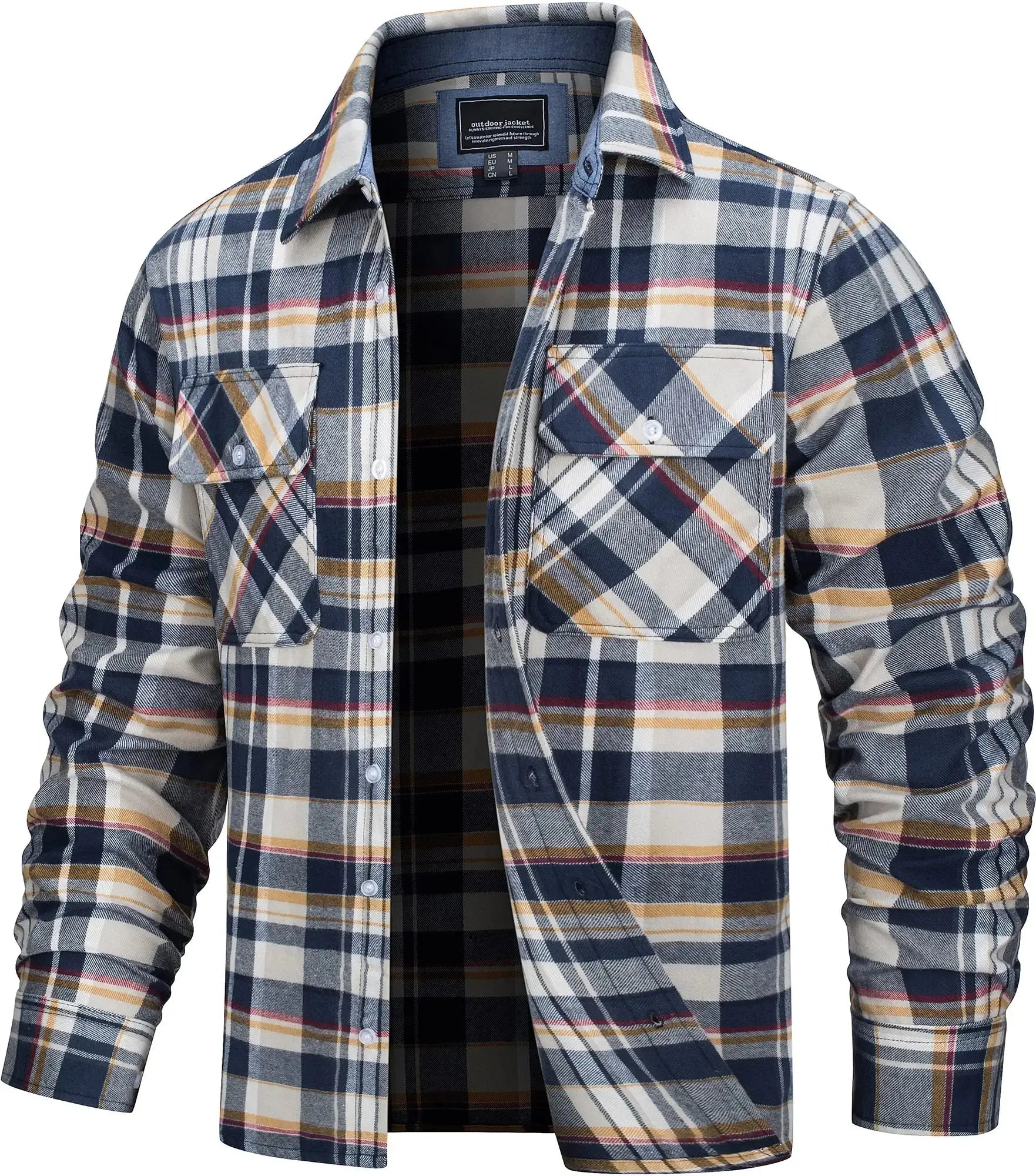 Herren Hemdjacke Kariert Oversize Baumwolle Langarm mit Brusttaschen 15