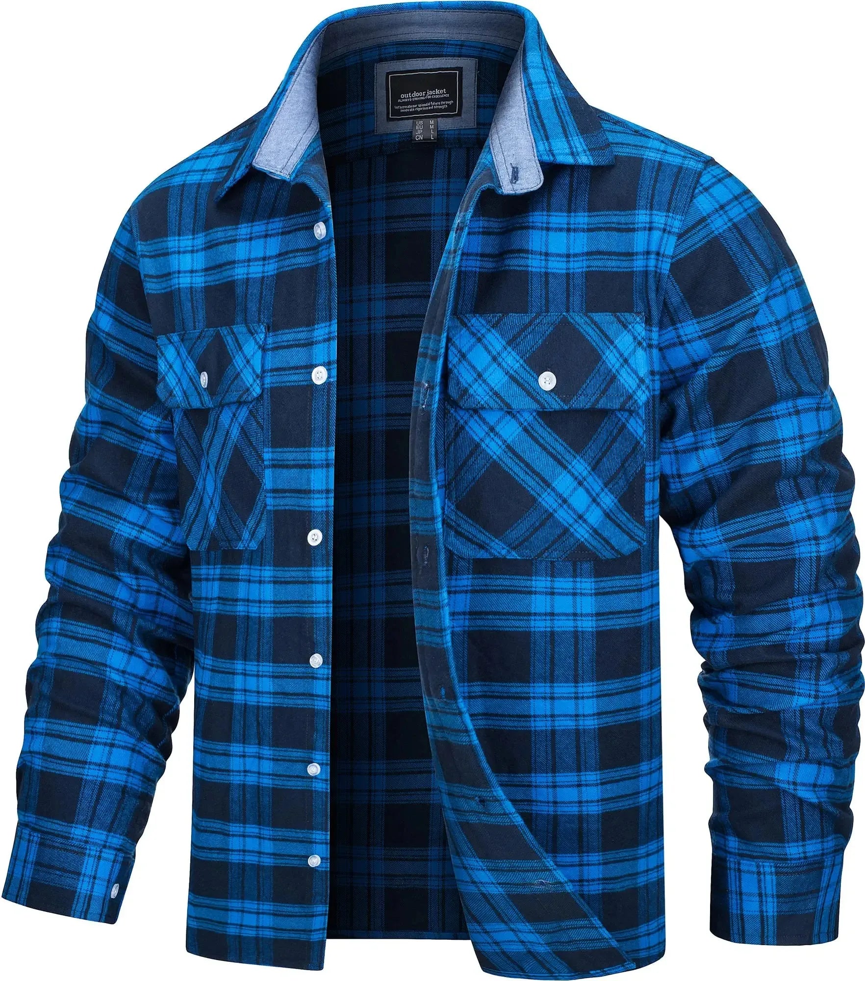 Herren Hemdjacke Kariert Oversize Baumwolle Langarm mit Brusttaschen 6