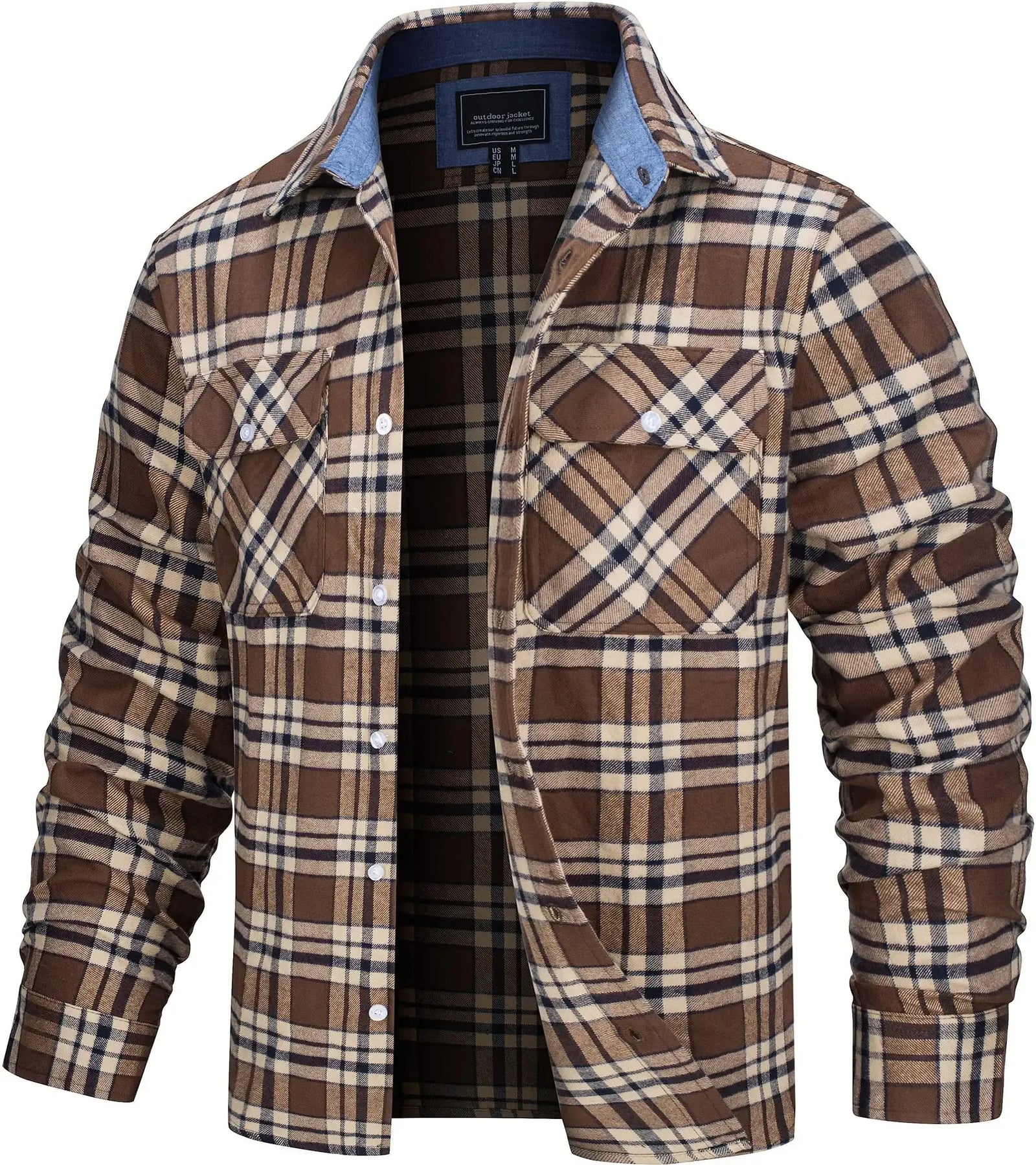 Herren Hemdjacke Kariert Oversize Baumwolle Langarm mit Brusttaschen 8