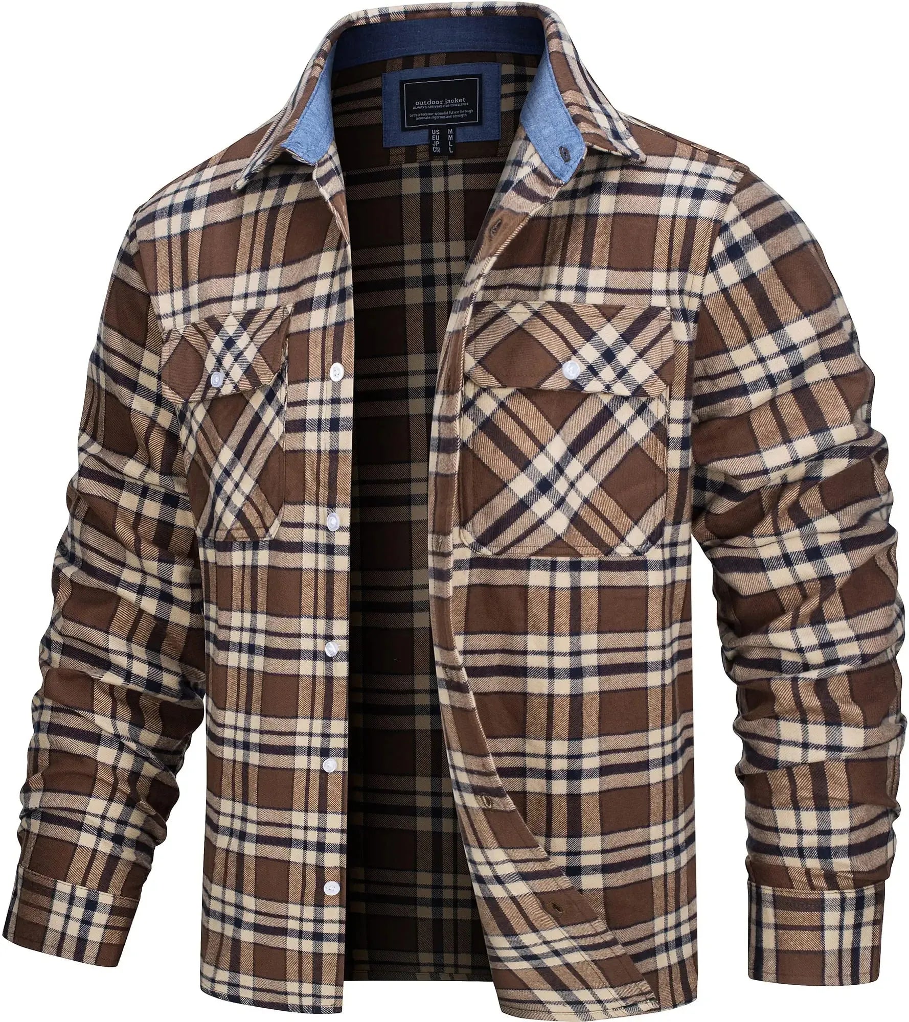 Herren Hemdjacke Kariert Oversize Baumwolle Langarm mit Brusttaschen 8