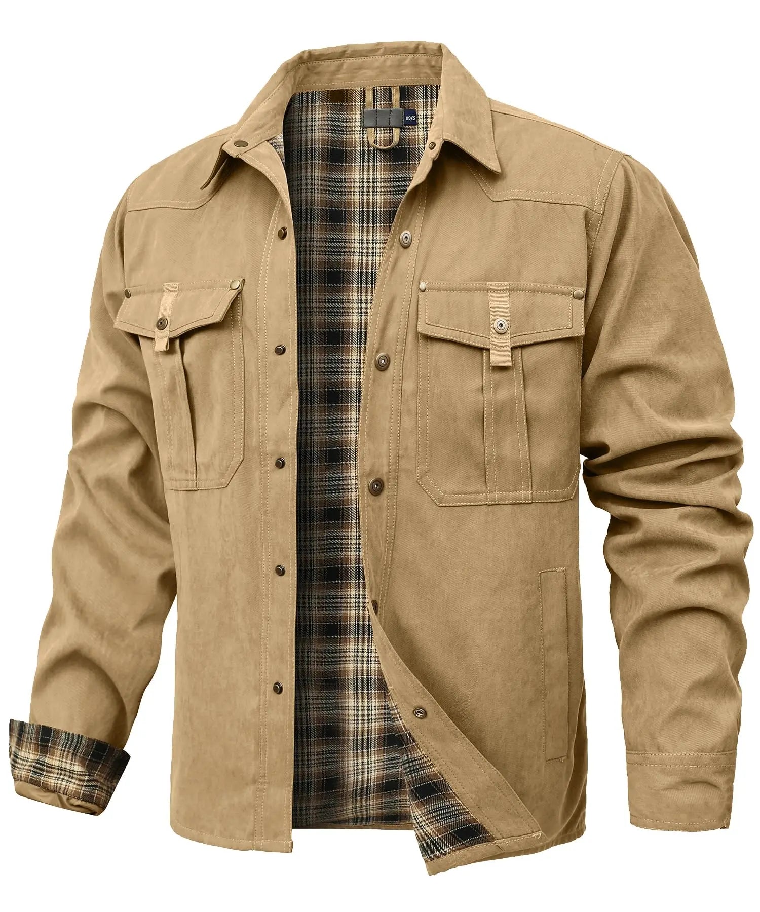 Herren Jacke Casual Flanellgefüttert Polyester Shacket mit Druckknöpfen 6