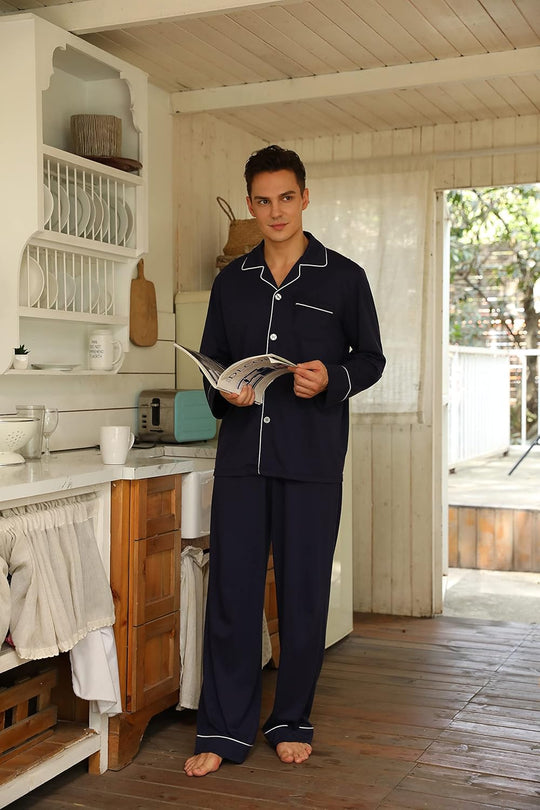 Herren Pyjama Set Klassisch Mit Knopfleiste Und Langen Ärmeln 4
