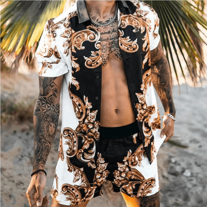 Herren Sommer Set Kurzarmhemd und Shorts mit Patchwork-Design 1