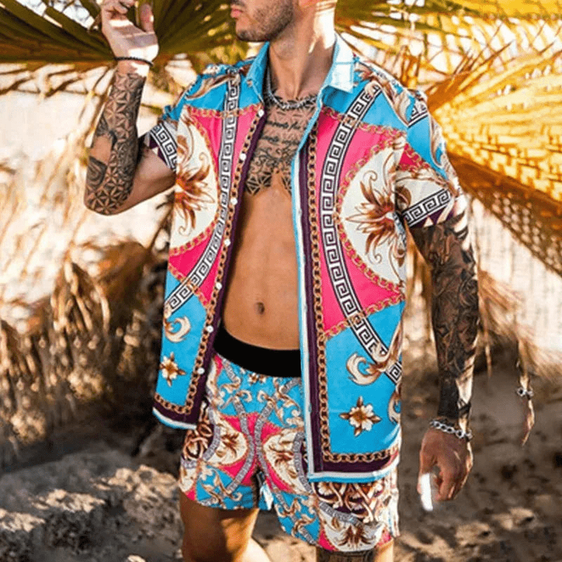 Herren Sommer Set Kurzarmhemd und Shorts mit Patchwork-Design 4