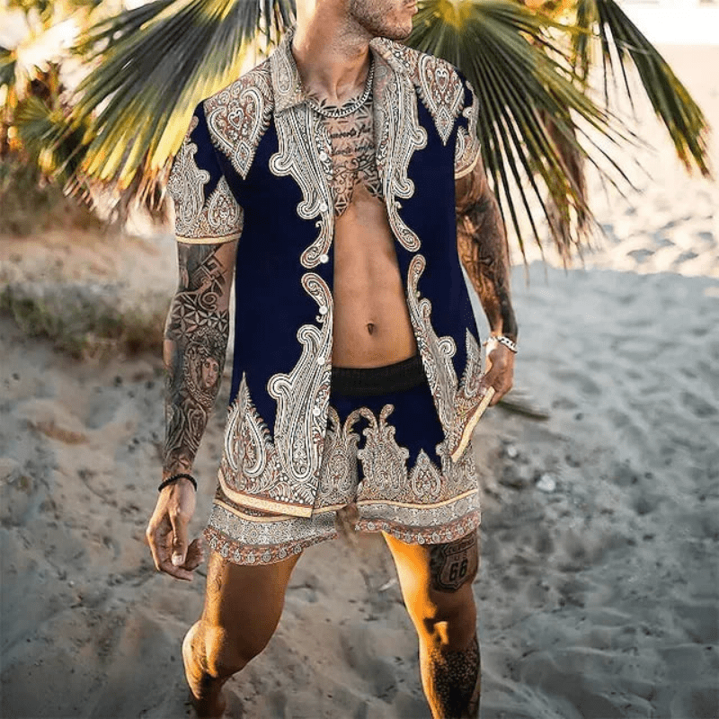 Herren Sommer Set Kurzarmhemd und Shorts mit Patchwork-Design 8