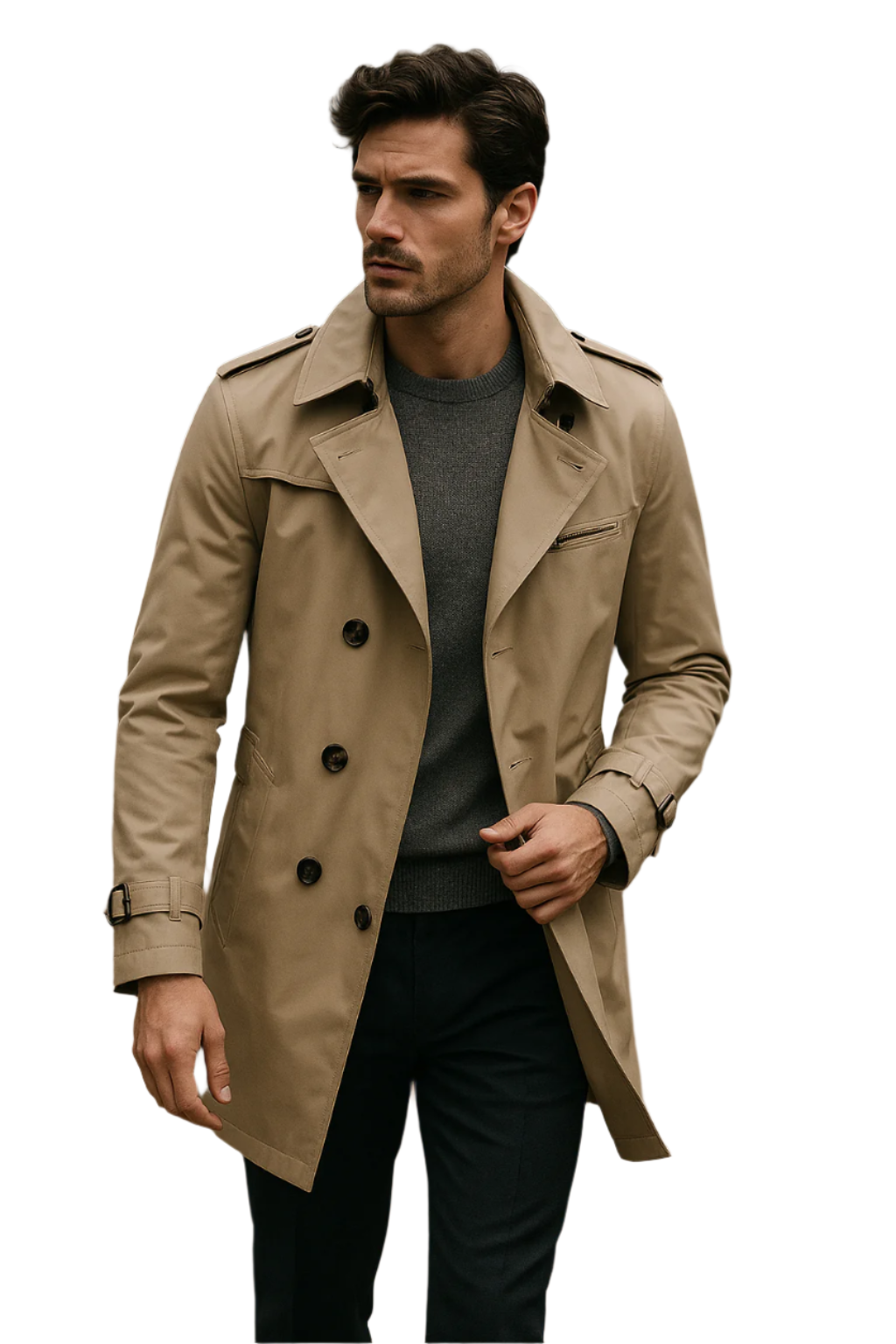Herren Trenchcoat Doppelknopf Strukturierte Passform für Männer 0