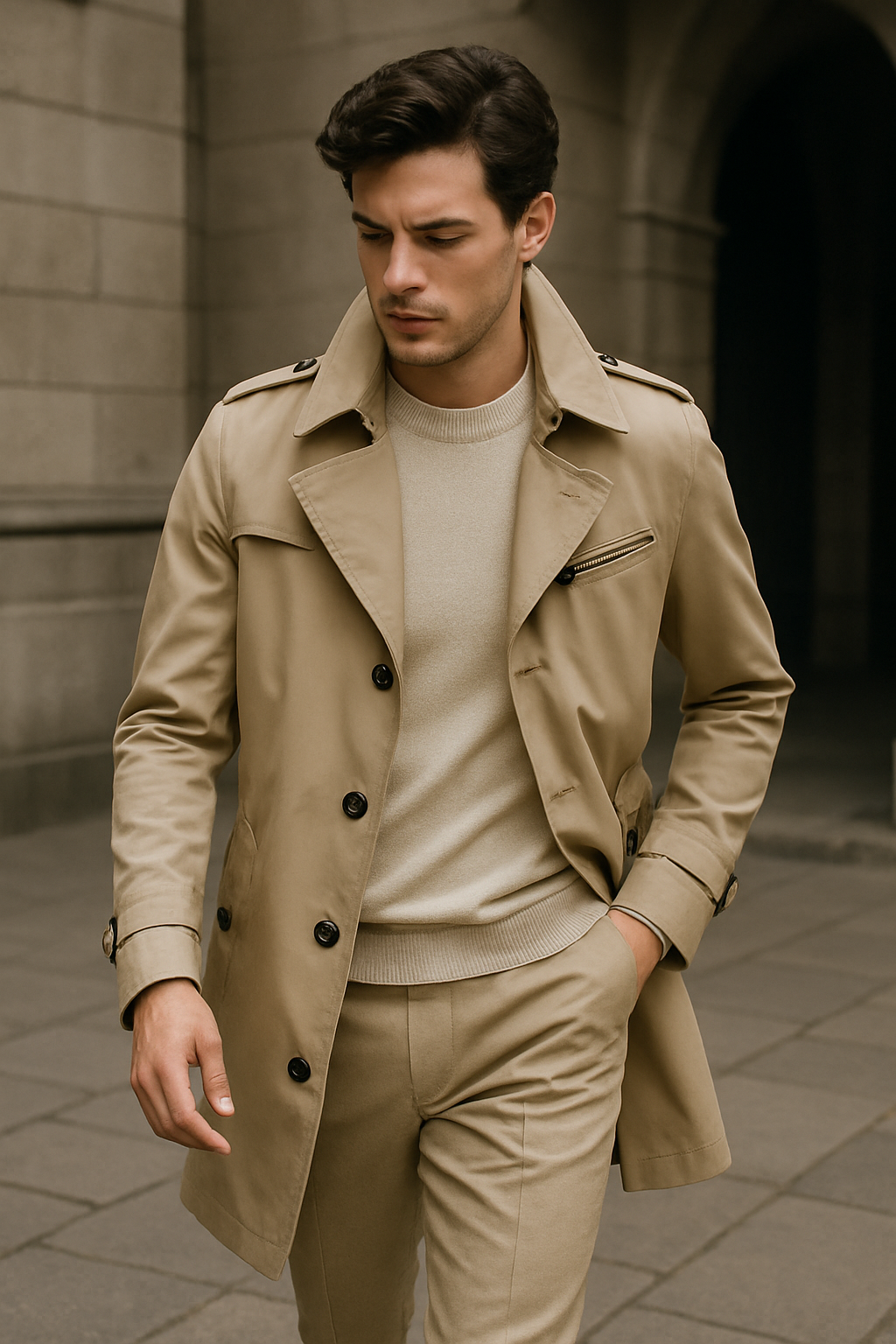 Herren Trenchcoat Doppelknopf Strukturierte Passform für Männer 1