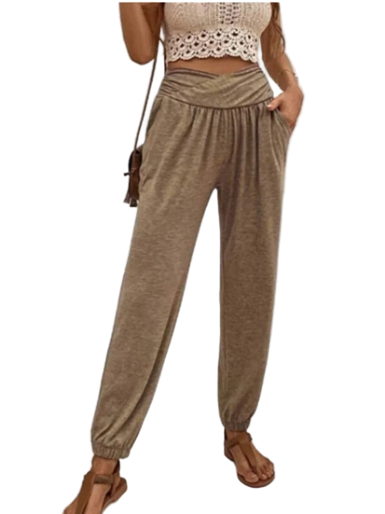 Hochtaillierte Damenhose mit Taschen Elastische Stoffhose für Alltag und Freizeit 0