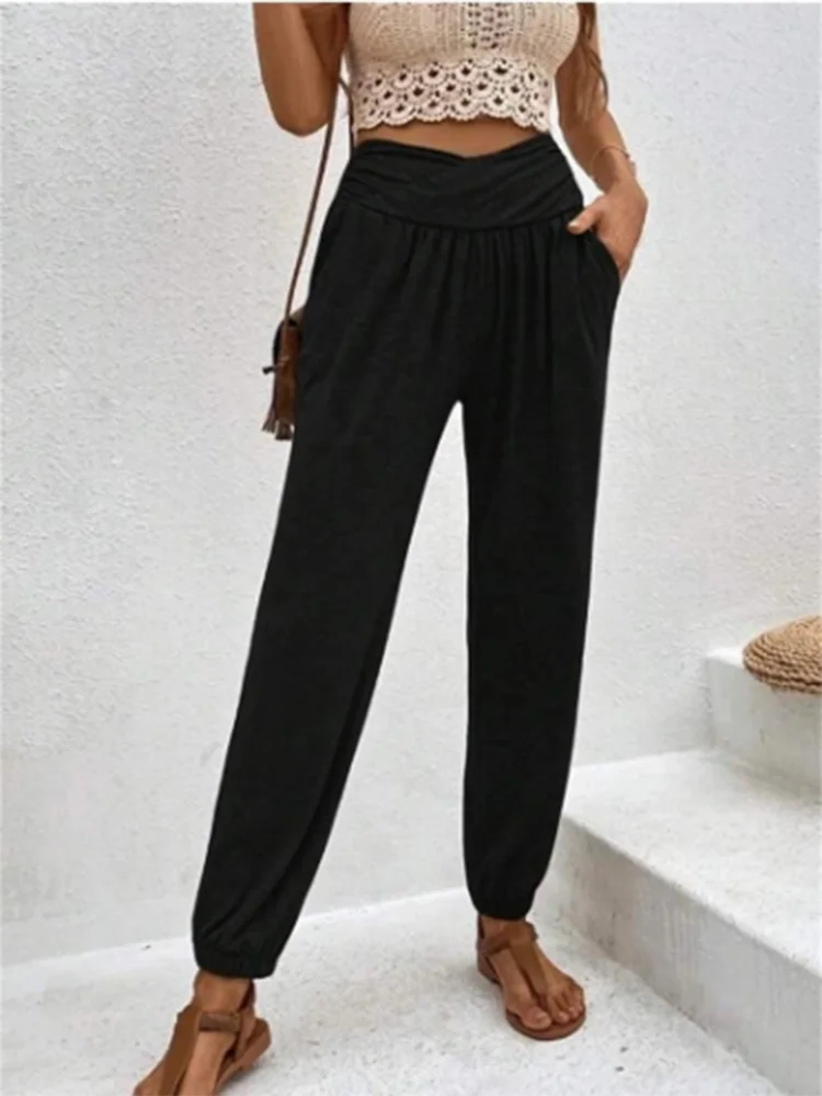 Hochtaillierte Damenhose mit Taschen Elastische Stoffhose für Alltag und Freizeit 1