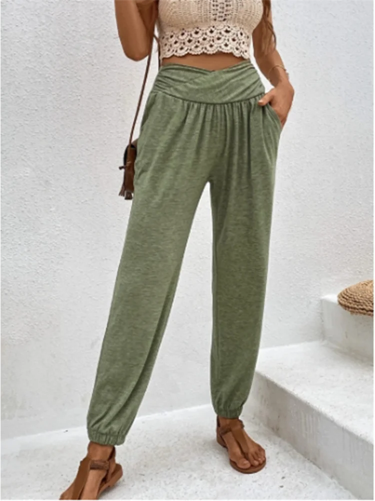 Hochtaillierte Damenhose mit Taschen Elastische Stoffhose für Alltag und Freizeit 2