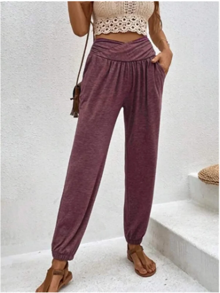 Hochtaillierte Damenhose mit Taschen Elastische Stoffhose für Alltag und Freizeit 3