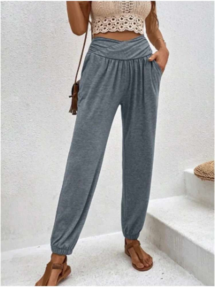 Hochtaillierte Damenhose mit Taschen Elastische Stoffhose für Alltag und Freizeit 4