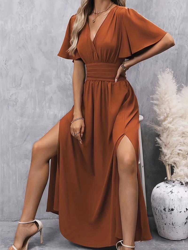 Damen Abendkleid mit Rüschenkragen und Plissierter Taille, Elegantes Kleid für Festliche Anlässe-3