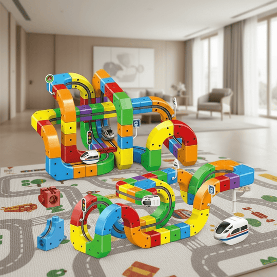 Kinder 3D Eisenbahnbausatz mit Wiederaufladbarer Lokomotive Modularer Bausatz für Kreatives Spielen 0