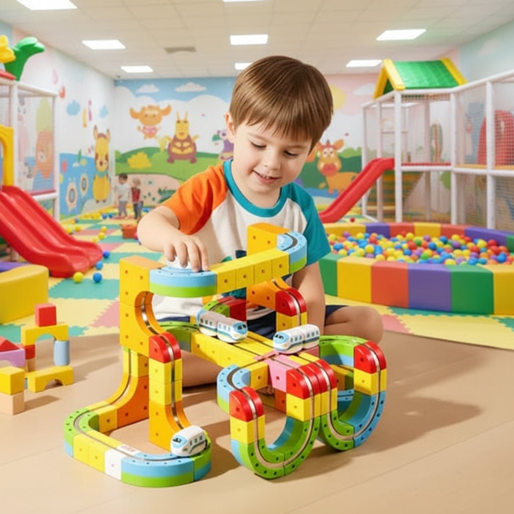 Kinder 3D Eisenbahnbausatz mit Wiederaufladbarer Lokomotive Modularer Bausatz für Kreatives Spielen 1