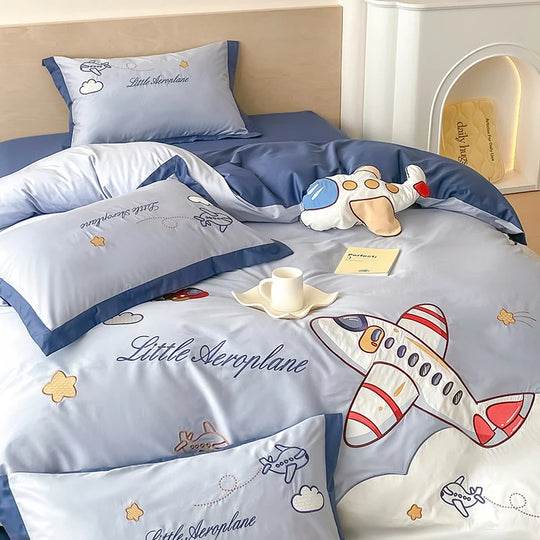 Kinder Bettwäsche Set Flugzeugmotiv mit Stickerei 2