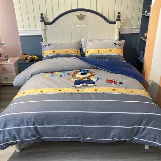 Kinder Bettwäsche Set Wendbares Design mit Sternenmuster und Teddybär-Stickerei 4