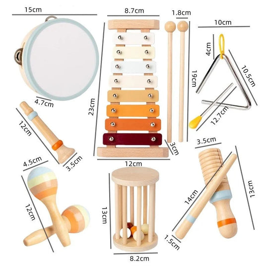 Kinder Musikinstrumente Set Montessori Holz für Kleinkinder, Xylophon, Maracas, Triangel, Tamburin, Pädagogisches Spielzeug 2