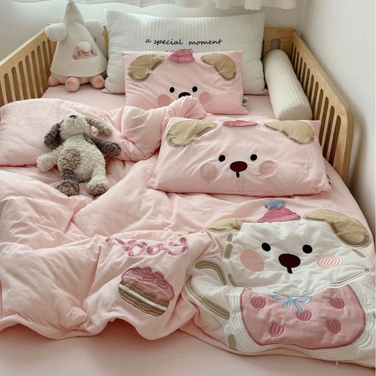 Kinderbettwäsche 100x135 mit Welpenapplikation und Kissenbezügen für Jungen und Mädchen 0