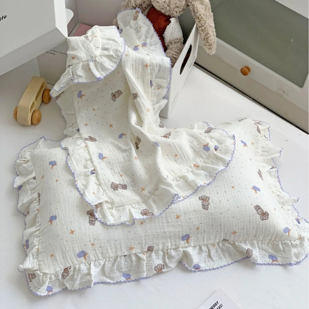 Kinderkissenbezug-Set Musselin mit Hasenmotiv und Rüschen 2