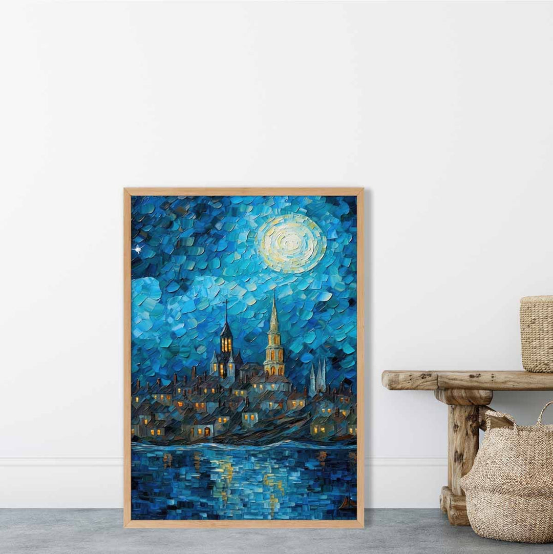 Kunstdruck Stadt am See bei Nacht – Stilvolle Wanddekoration für Wohnräume und Büros 1