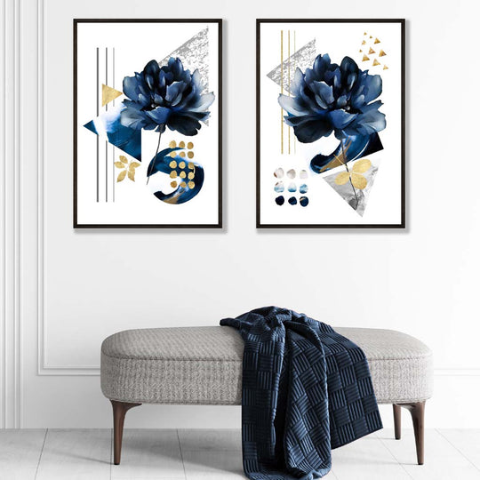 Kunstdrucke Set mit Blumenmotiv in Blau und Gold – Kunstdrucke auf Leinwand mit Rahmen 1