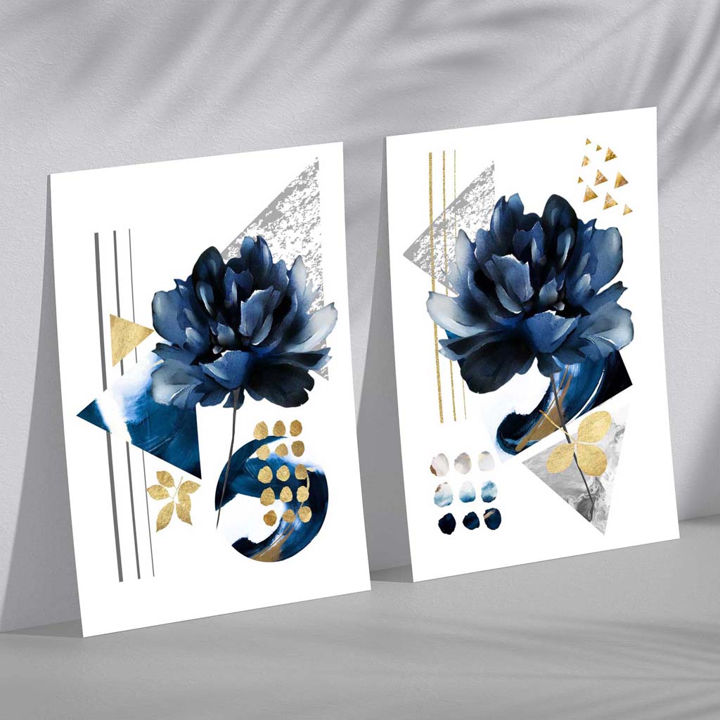 Kunstdrucke Set mit Blumenmotiv in Blau und Gold – Kunstdrucke auf Leinwand mit Rahmen 2