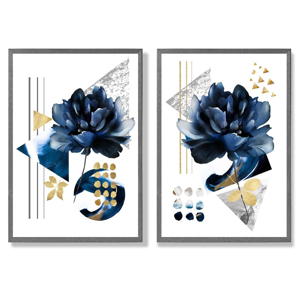 Kunstdrucke Set mit Blumenmotiv in Blau und Gold – Kunstdrucke auf Leinwand mit Rahmen 4
