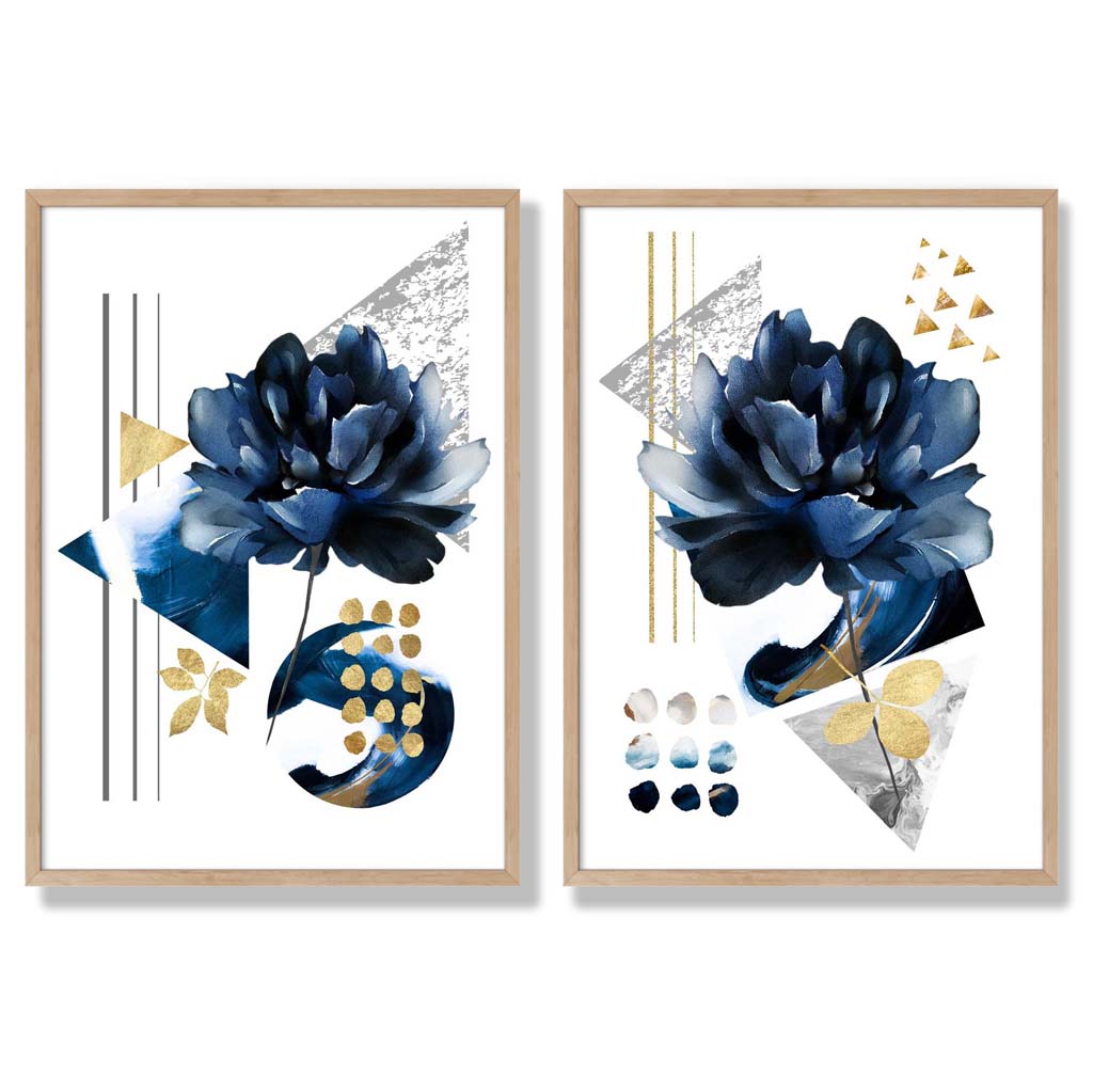 Kunstdrucke Set mit Blumenmotiv in Blau und Gold – Kunstdrucke auf Leinwand mit Rahmen 6