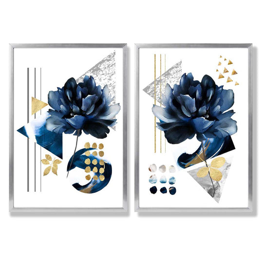Kunstdrucke Set mit Blumenmotiv in Blau und Gold – Kunstdrucke auf Leinwand mit Rahmen 9