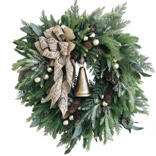 Künstlicher Weihnachtskranz für Tür und Wand mit Tannenzapfen und Jute-Schleife, Festliche Dekoration für Advent und Weihnachten 0