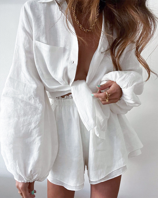 Variant image for Damen Set Leinenbluse und Shorts Elegantes Sommer Outfit-13