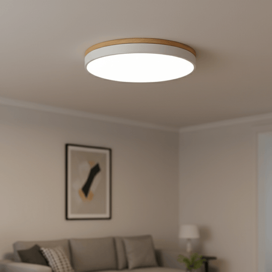 LED-Deckenleuchte mit natürlicher Holzmaserung und grünem Akzent 0