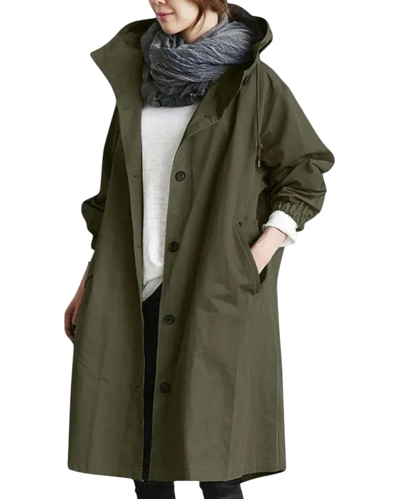 Langer Damenmantel Trenchcoat mit Kapuze und Wasserabweisender Funktion 0