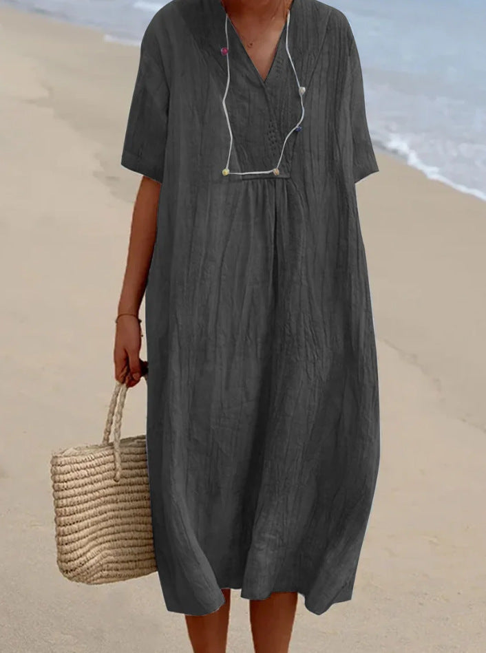 Variant image for Damen Strandkleid Blau Lässig V-Ausschnitt Atmungsaktiv Baumwolle-13