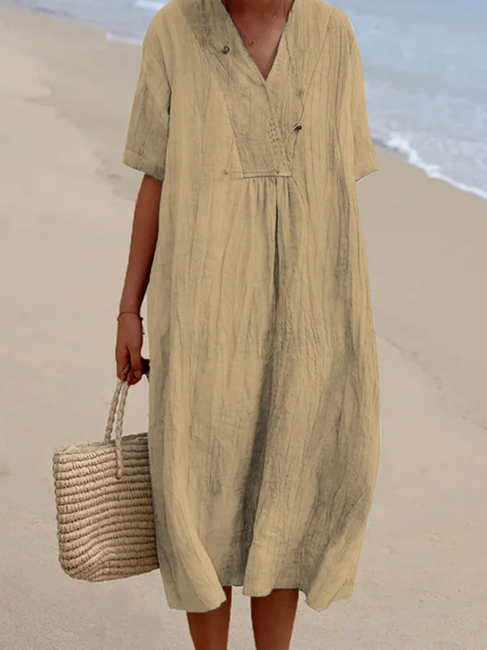 Variant image for Damen Strandkleid Blau Lässig V-Ausschnitt Atmungsaktiv Baumwolle-17