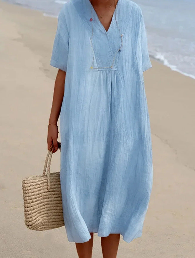 Variant image for Damen Strandkleid Blau Lässig V-Ausschnitt Atmungsaktiv Baumwolle-1