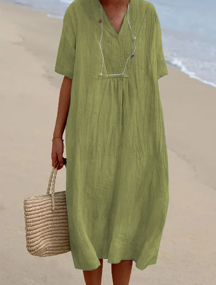 Variant image for Damen Strandkleid Blau Lässig V-Ausschnitt Atmungsaktiv Baumwolle-5